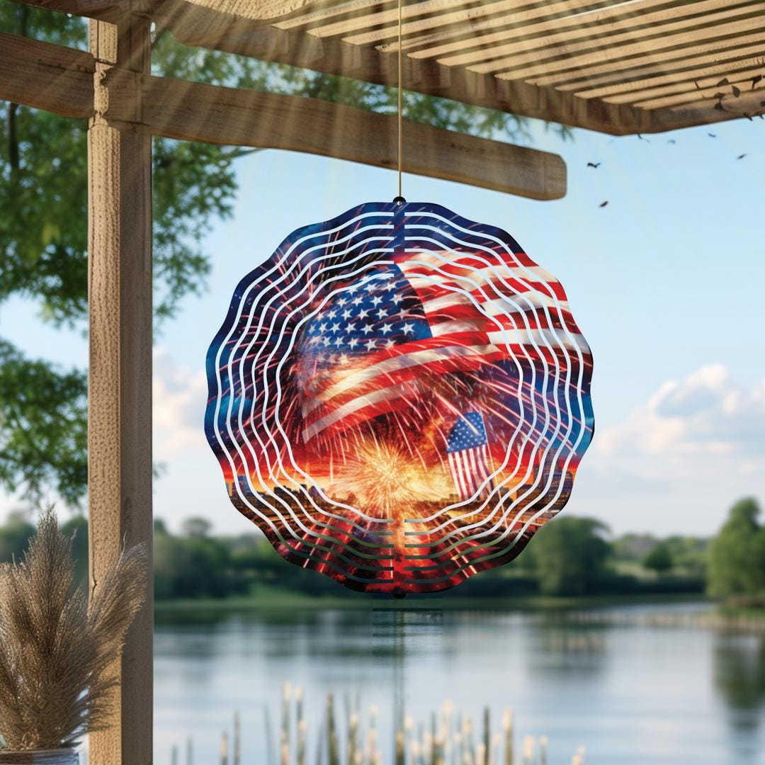 American Flag & Fireworks Wind Spinner – Patriotic Metal Outdoor Art