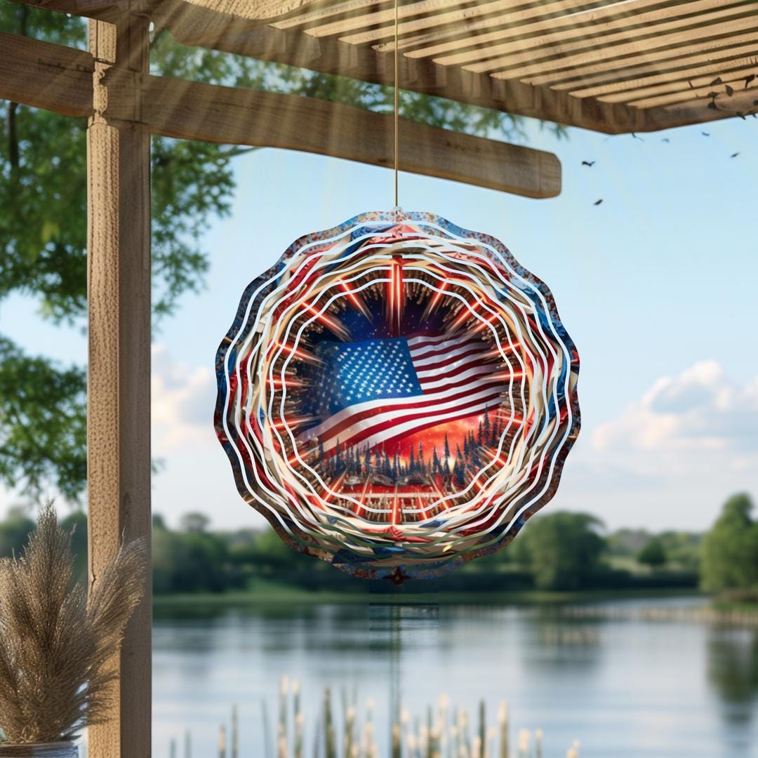 American Flag & Fireworks Wind Spinner – Patriotic Metal Outdoor Art