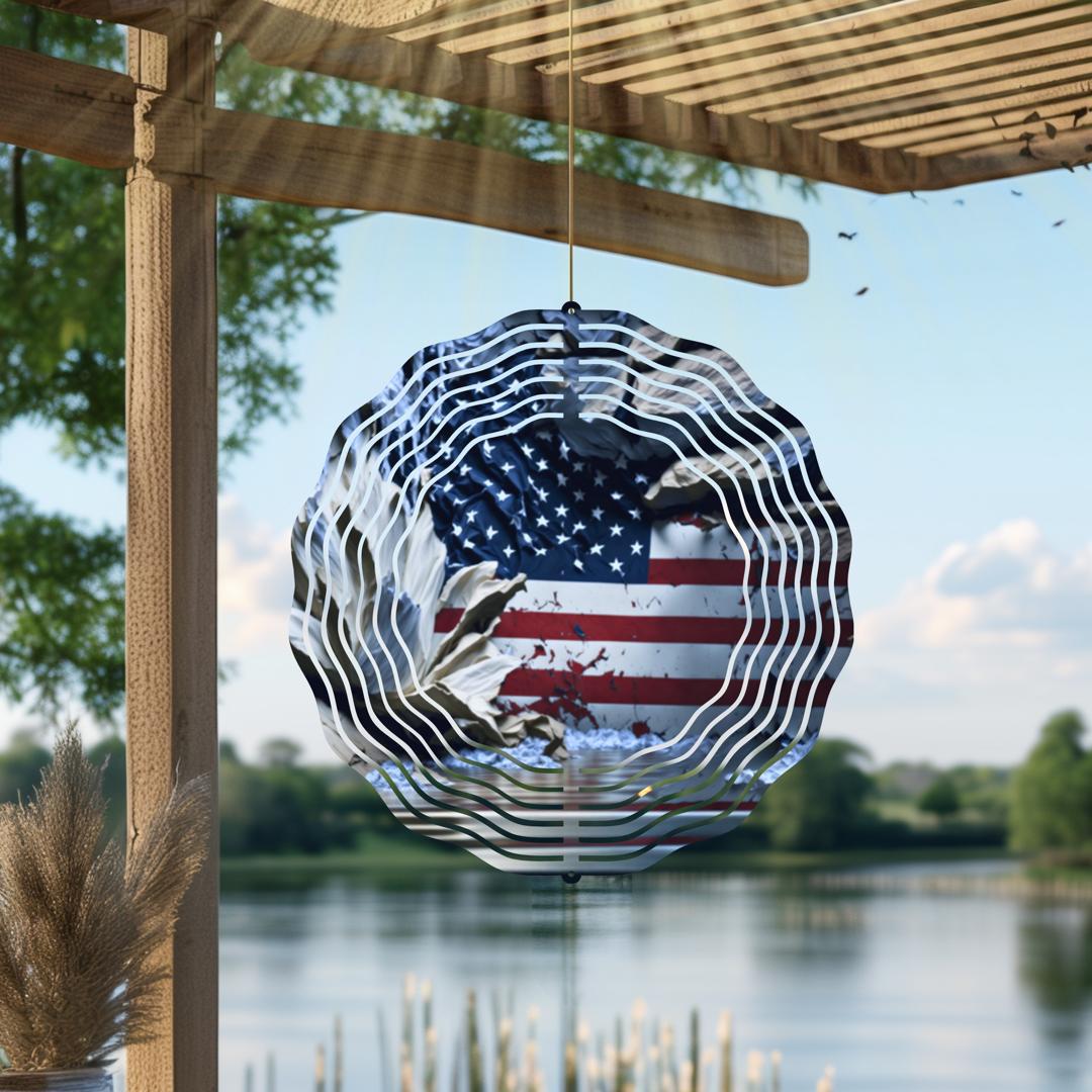 American Flag Wind Spinner | Patriotic Metal Garden Art | Red White Blue Outdoor Decor | 4th of July Memorial Veterans Gift USA