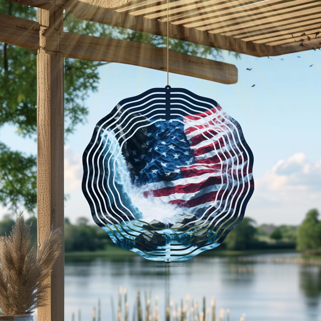 American Flag Wind Spinner | Patriotic Metal Garden Art | Red White Blue Outdoor Decor | 4th of July Memorial Veterans Gift USA