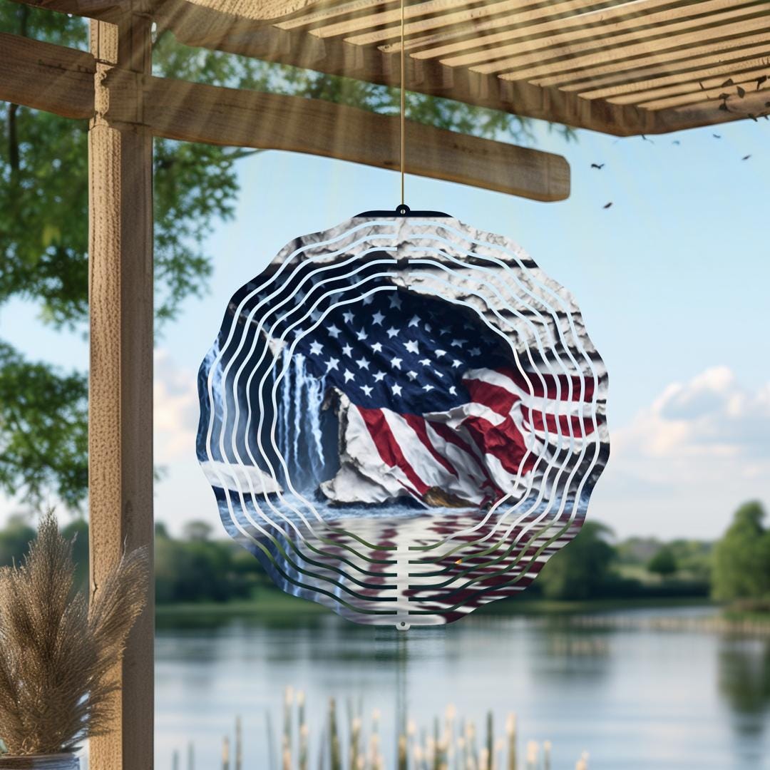 American Flag Wind Spinner | Patriotic Metal Garden Art | Red White Blue Outdoor Decor | 4th of July Memorial Veterans Gift USA