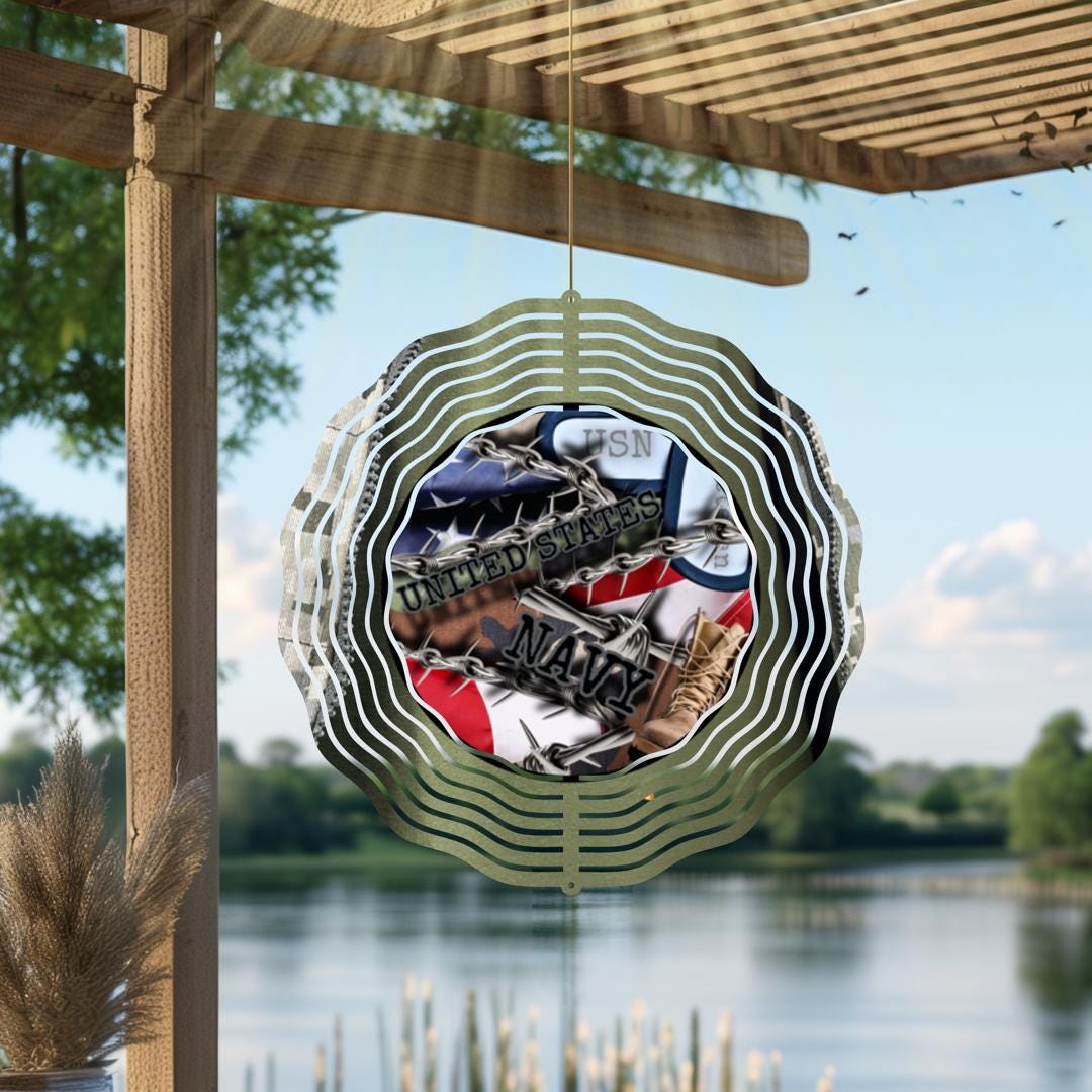 Navy Veteran Wind Spinner | American Flag Patriotic Outdoor Metal Art | Military Memorial Garden Decor | USA Veterans Gift