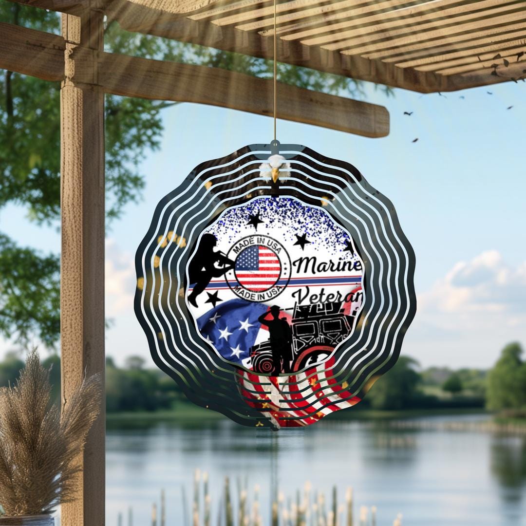 Marine Corps Veteran Wind Spinner | Patriotic Metal Outdoor Decor | American Flag Garden Art | USMC Military Gift for Veterans