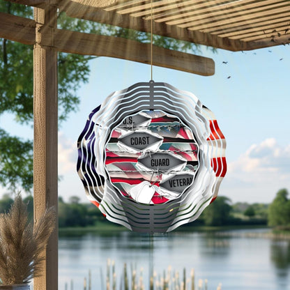 Coast Guard Veteran Wind Spinner | Patriotic Metal Outdoor Garden Decor | American Flag Yard Art | Military Veteran Gift USA