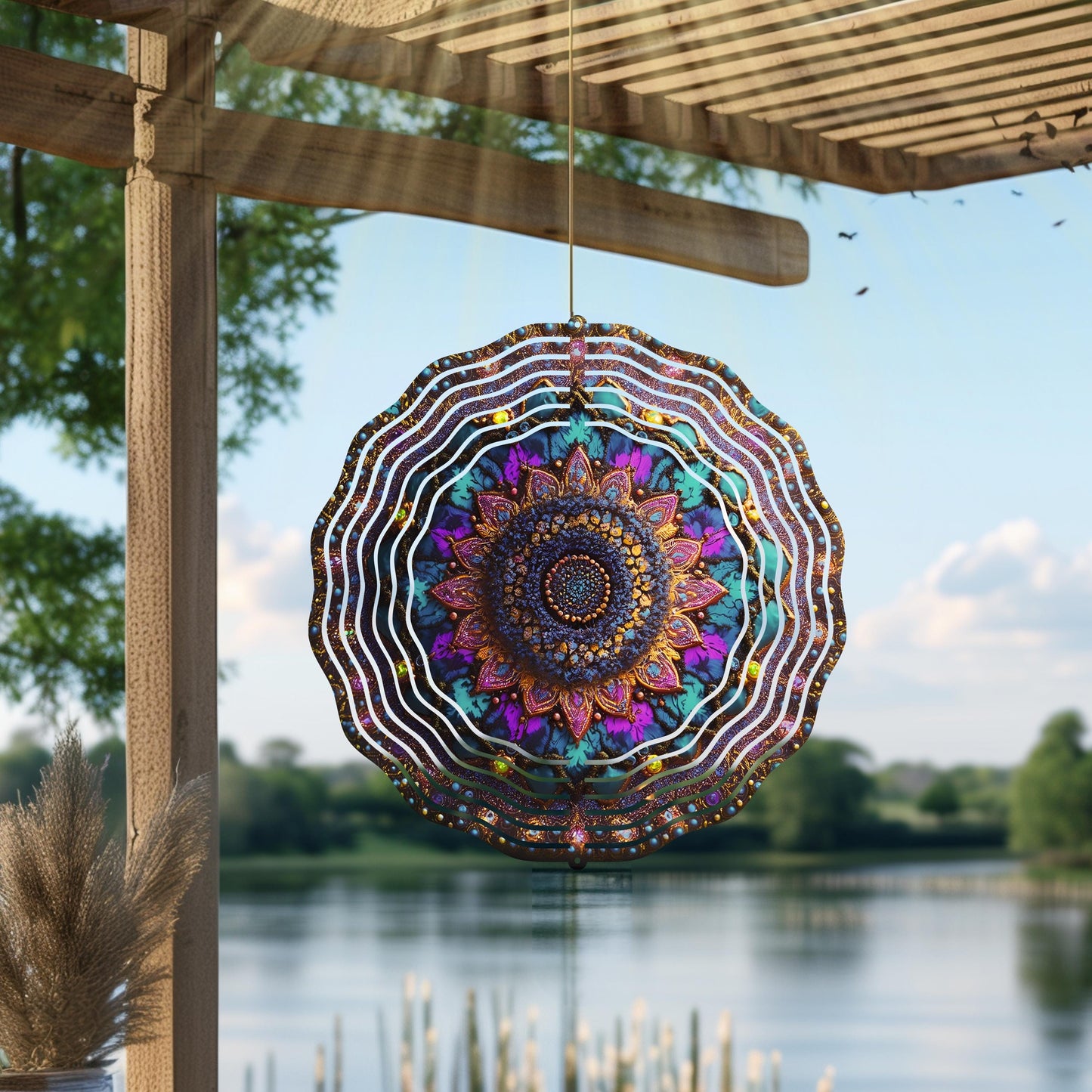 Mandala Wind Spinner | Boho Metal Garden Art, Zen Decor