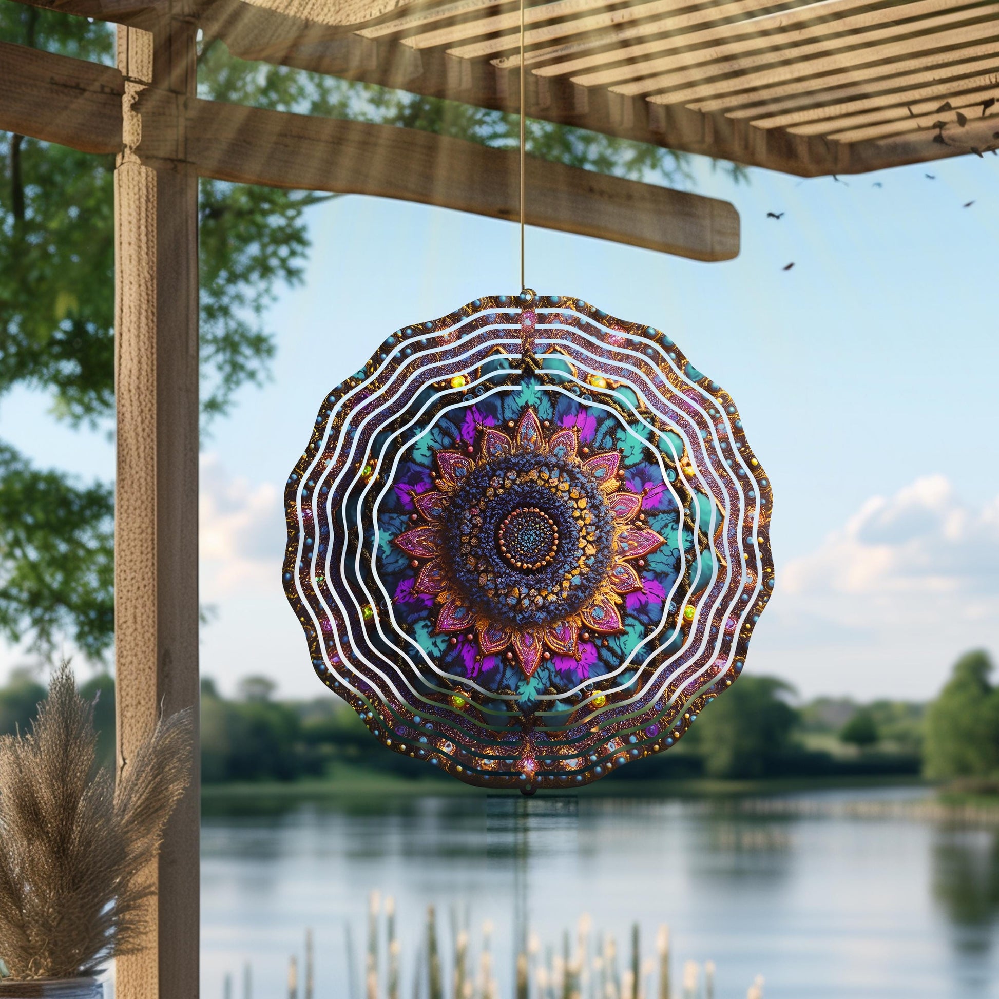 Mandala Wind Spinner | Boho Metal Garden Art, Zen Decor