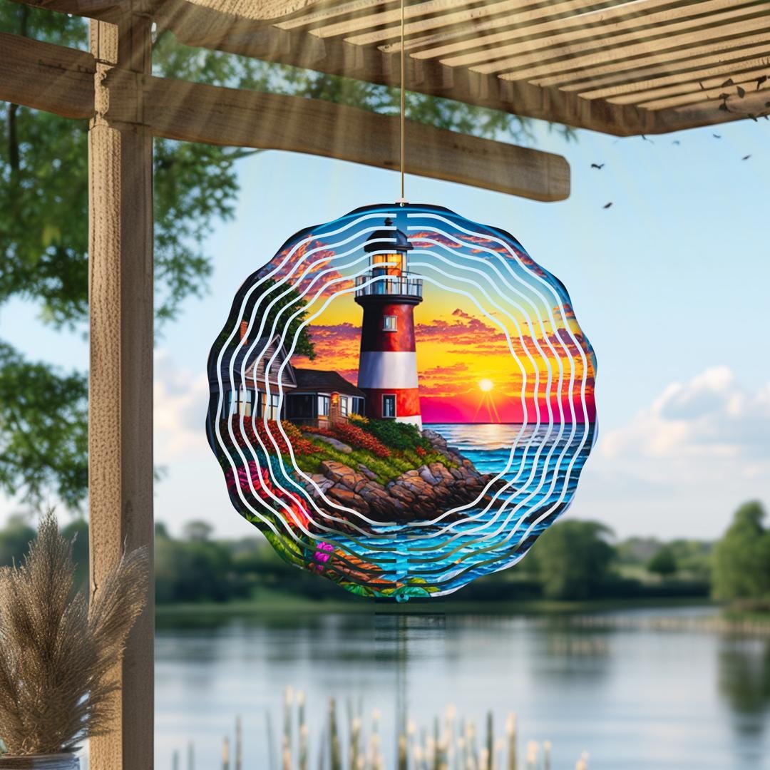 Lighthouse Wind Spinner | Coastal Garden Art, Nautical Decor