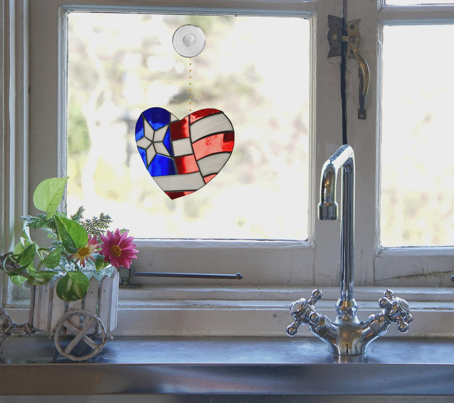 American Flag Heart Suncatcher | Handmade Stained Glass Window Art
