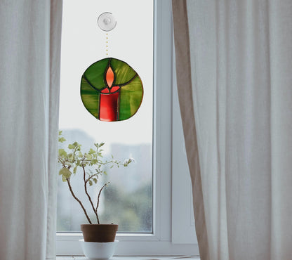 Christmas Candle Stained Glass Ornament | Handmade Holiday Suncatcher | Red Green Window Décor | Festive Gift | Winter Home Art
