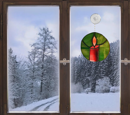 Christmas Candle Stained Glass Ornament | Handmade Holiday Suncatcher | Red Green Window Décor | Festive Gift | Winter Home Art