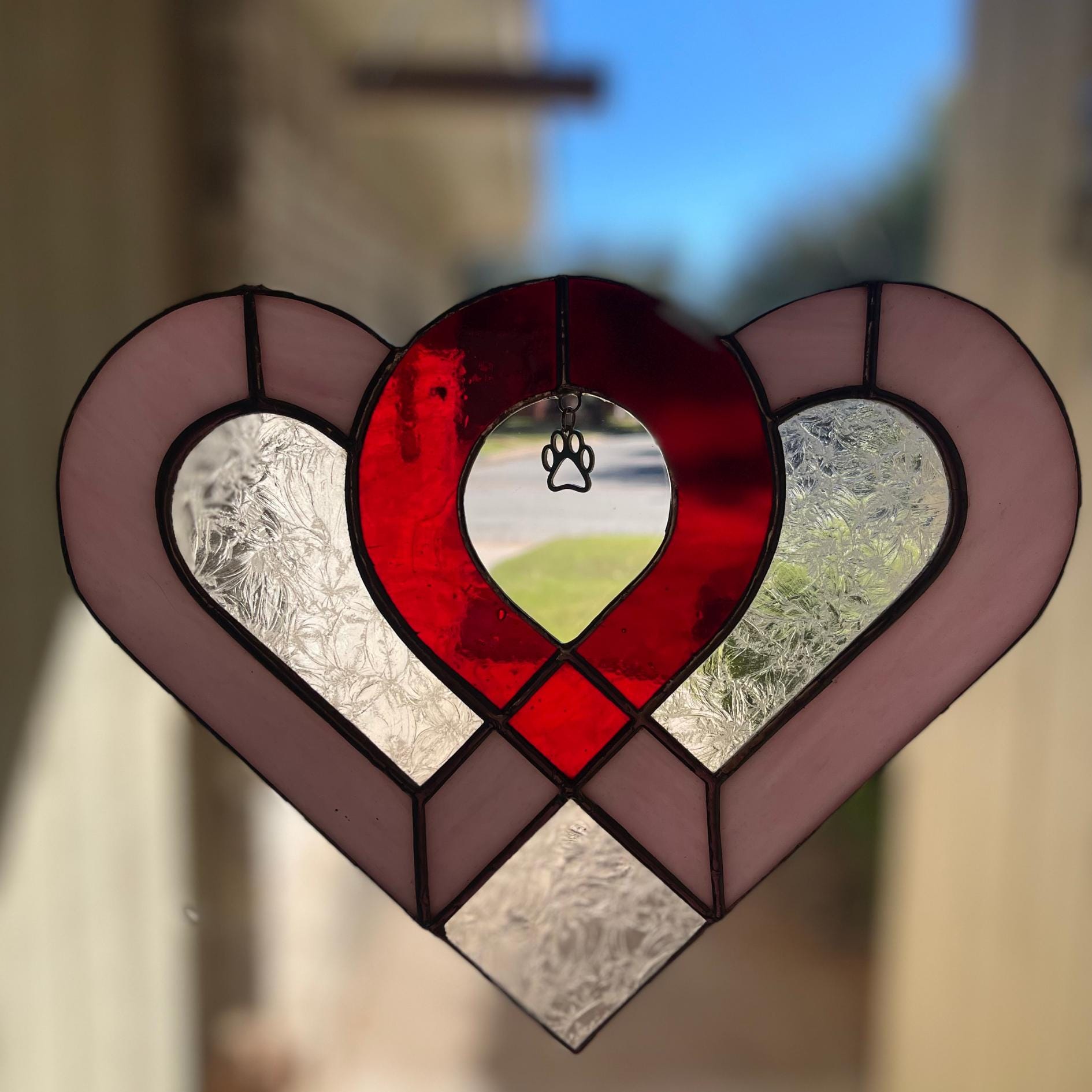 Heart Paw Print Stained Glass | Handmade Pet Memorial Suncatcher | Dog Cat Lover Gift | Paw Charm Window Décor | Pet Loss Gift