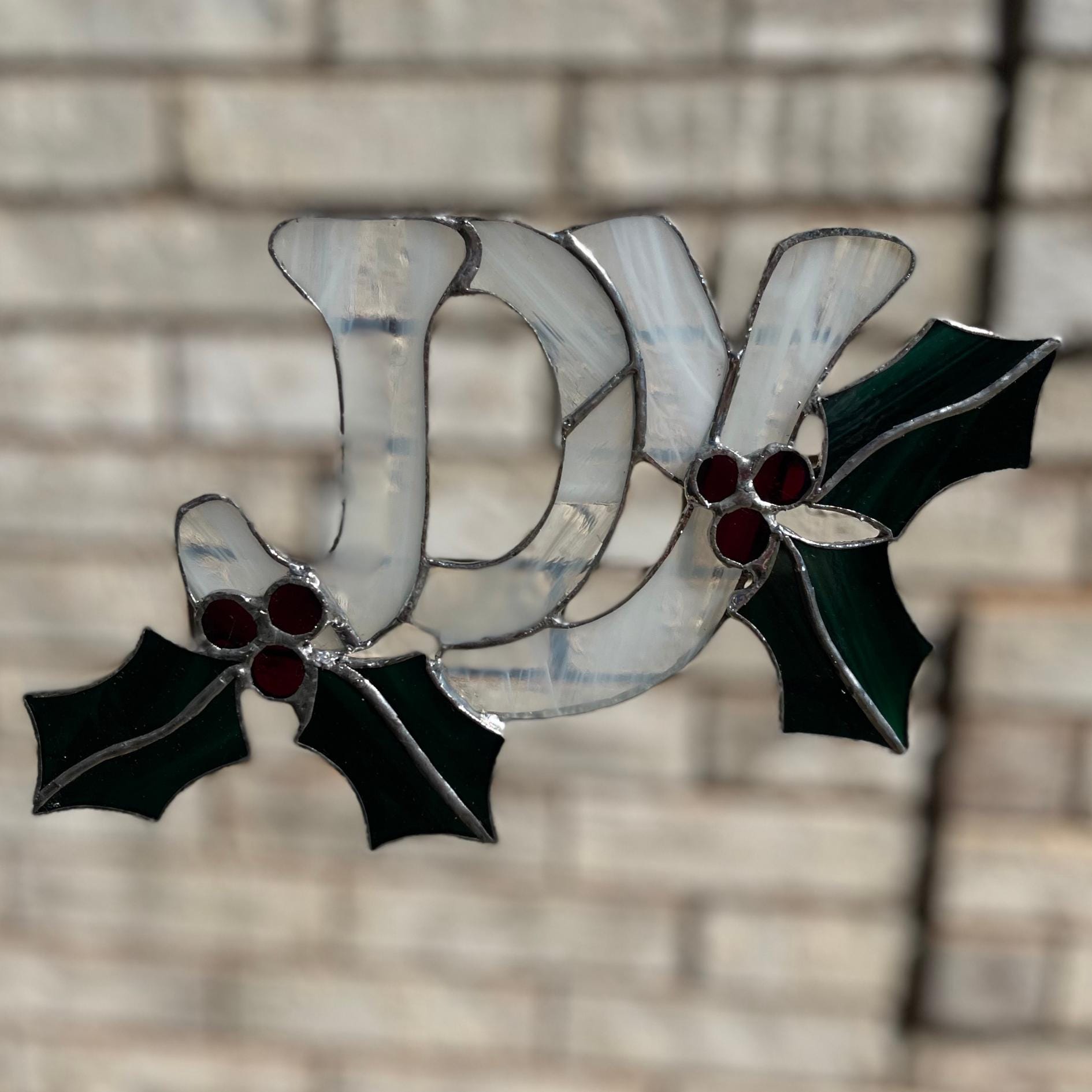 JOY Stained Glass | Handmade Christmas Suncatcher | Holly Leaf Window Décor | Holiday Home Accent | Festive Gift for Christmas