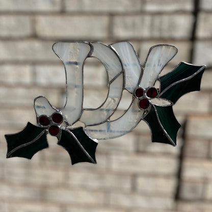 JOY Stained Glass | Handmade Christmas Suncatcher | Holly Leaf Window Décor | Holiday Home Accent | Festive Gift for Christmas