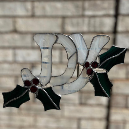 JOY Stained Glass | Handmade Christmas Suncatcher | Holly Leaf Window Décor | Holiday Home Accent | Festive Gift for Christmas