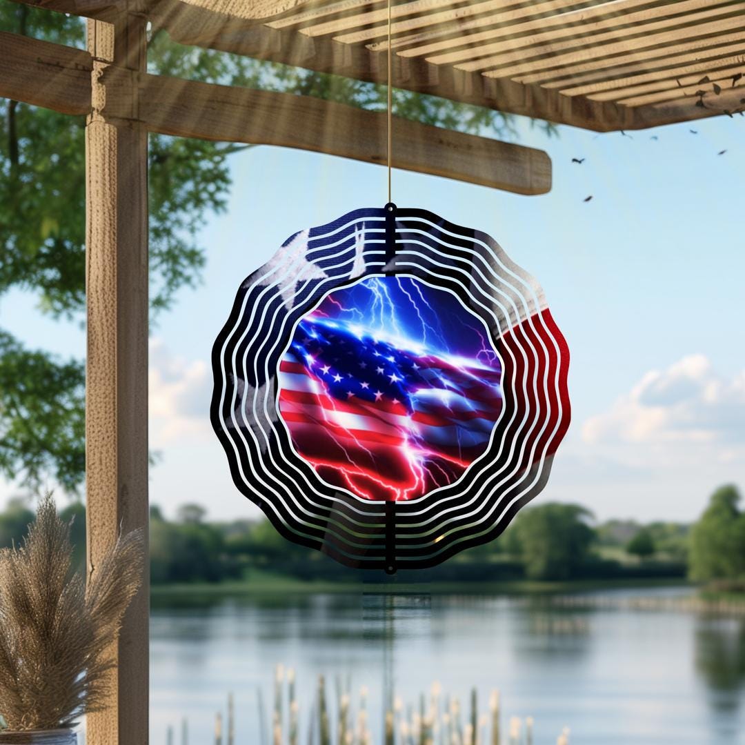 American Flag Wind Spinner | Patriotic Metal Garden Art | Red White Blue Outdoor Decor | 4th of July Memorial Veterans Gift USA