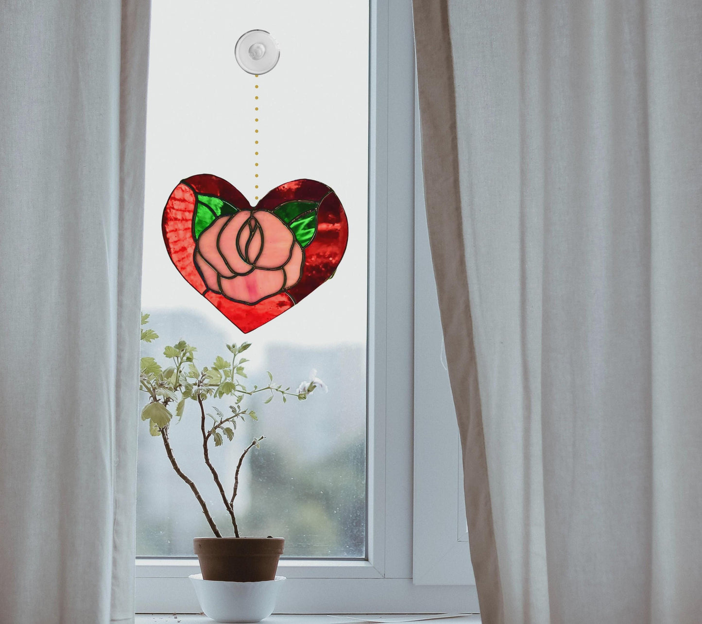 Red Rose Heart Stained Glass | Handmade Floral Heart Suncatcher | Valentine Gift | Romantic Window Décor | Anniversary Glass Art