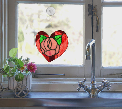 Red Rose Heart Stained Glass | Handmade Floral Heart Suncatcher | Valentine Gift | Romantic Window Décor | Anniversary Glass Art