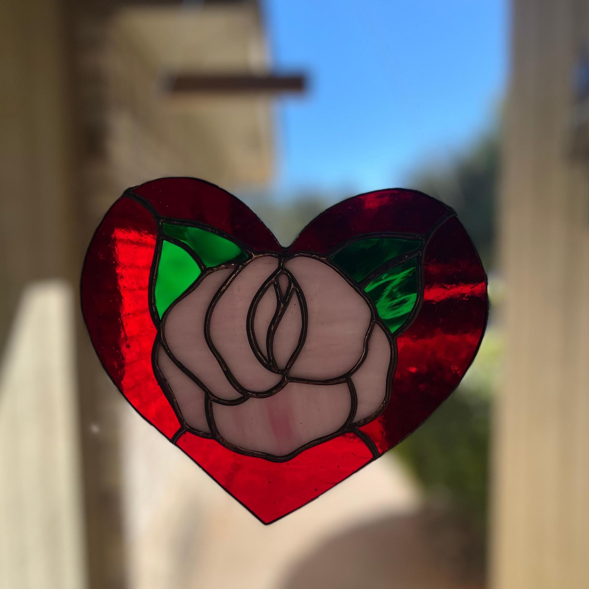 Red Rose Heart Stained Glass | Handmade Floral Heart Suncatcher | Valentine Gift | Romantic Window Décor | Anniversary Glass Art