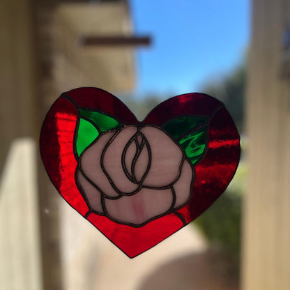 Red Rose Heart Stained Glass | Handmade Floral Heart Suncatcher | Valentine Gift | Romantic Window Décor | Anniversary Glass Art