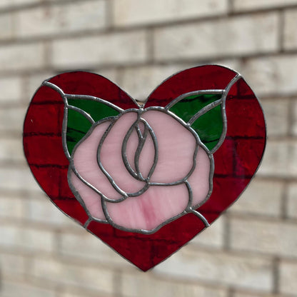 Red Rose Heart Stained Glass | Handmade Floral Heart Suncatcher | Valentine Gift | Romantic Window Décor | Anniversary Glass Art