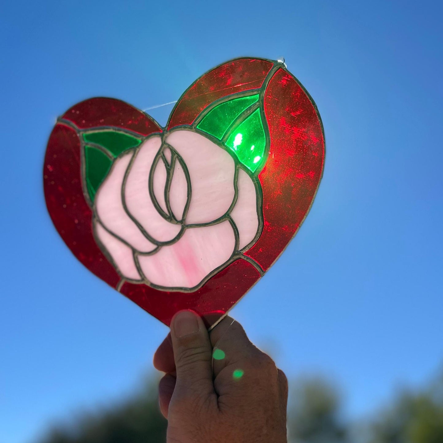 Red Rose Heart Stained Glass | Handmade Floral Heart Suncatcher | Valentine Gift | Romantic Window Décor | Anniversary Glass Art