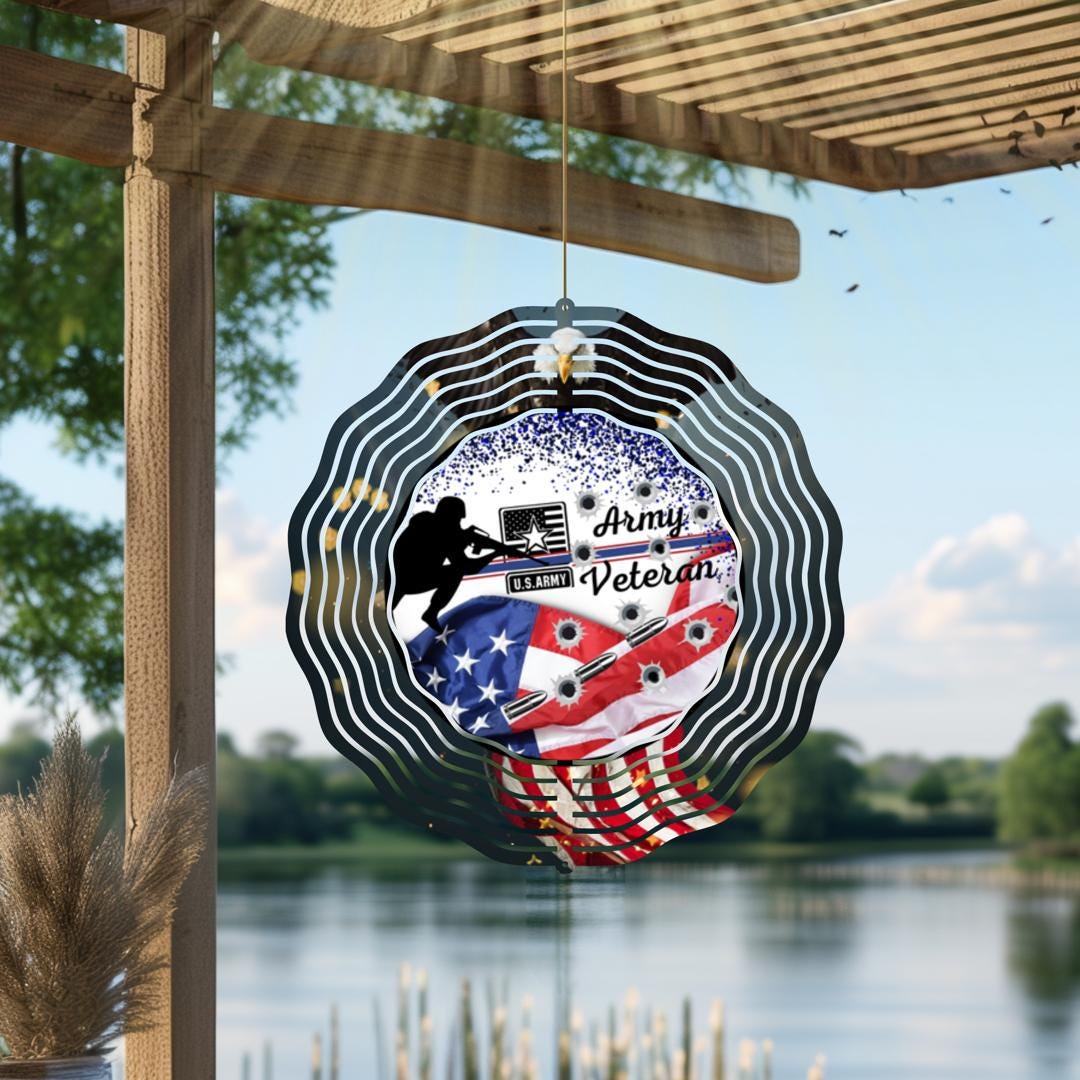 Army Veteran Wind Spinner | American Flag Metal Outdoor Decor | Patriotic Garden Art | USA Military Memorial Gift for Veterans