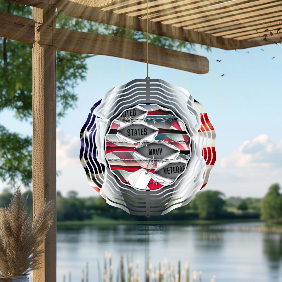 Navy Veteran Wind Spinner | American Flag Patriotic Outdoor Metal Art | Military Memorial Garden Decor | USA Veterans Gift