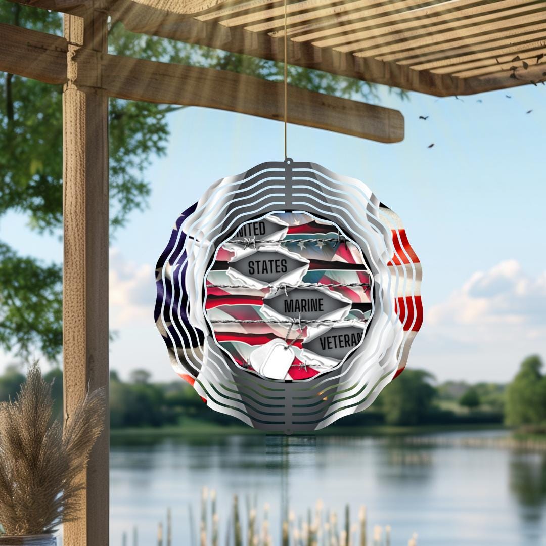 Marine Corps Veteran Wind Spinner | Patriotic Metal Outdoor Decor | American Flag Garden Art | USMC Military Gift for Veterans