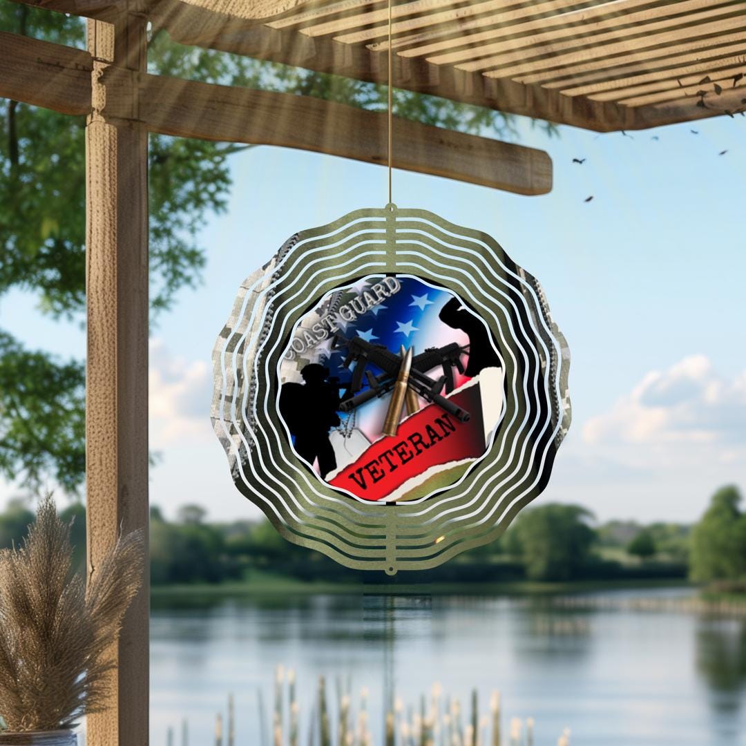 Coast Guard Veteran Wind Spinner | Patriotic Metal Outdoor Garden Decor | American Flag Yard Art | Military Veteran Gift USA