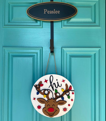Rudolph Hi Door Hanger | Reindeer Christmas Wood Sign | Layered 3D Holiday Décor | Handmade Front Door Christmas Gift