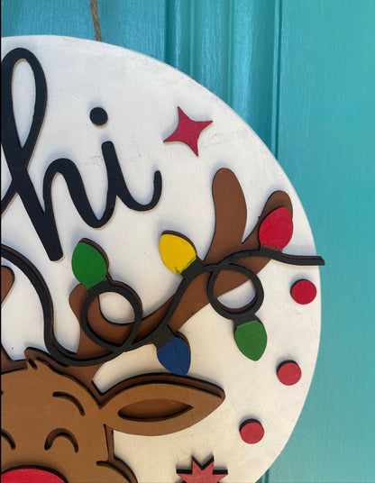 Rudolph Hi Door Hanger | Reindeer Christmas Wood Sign | Layered 3D Holiday Décor | Handmade Front Door Christmas Gift