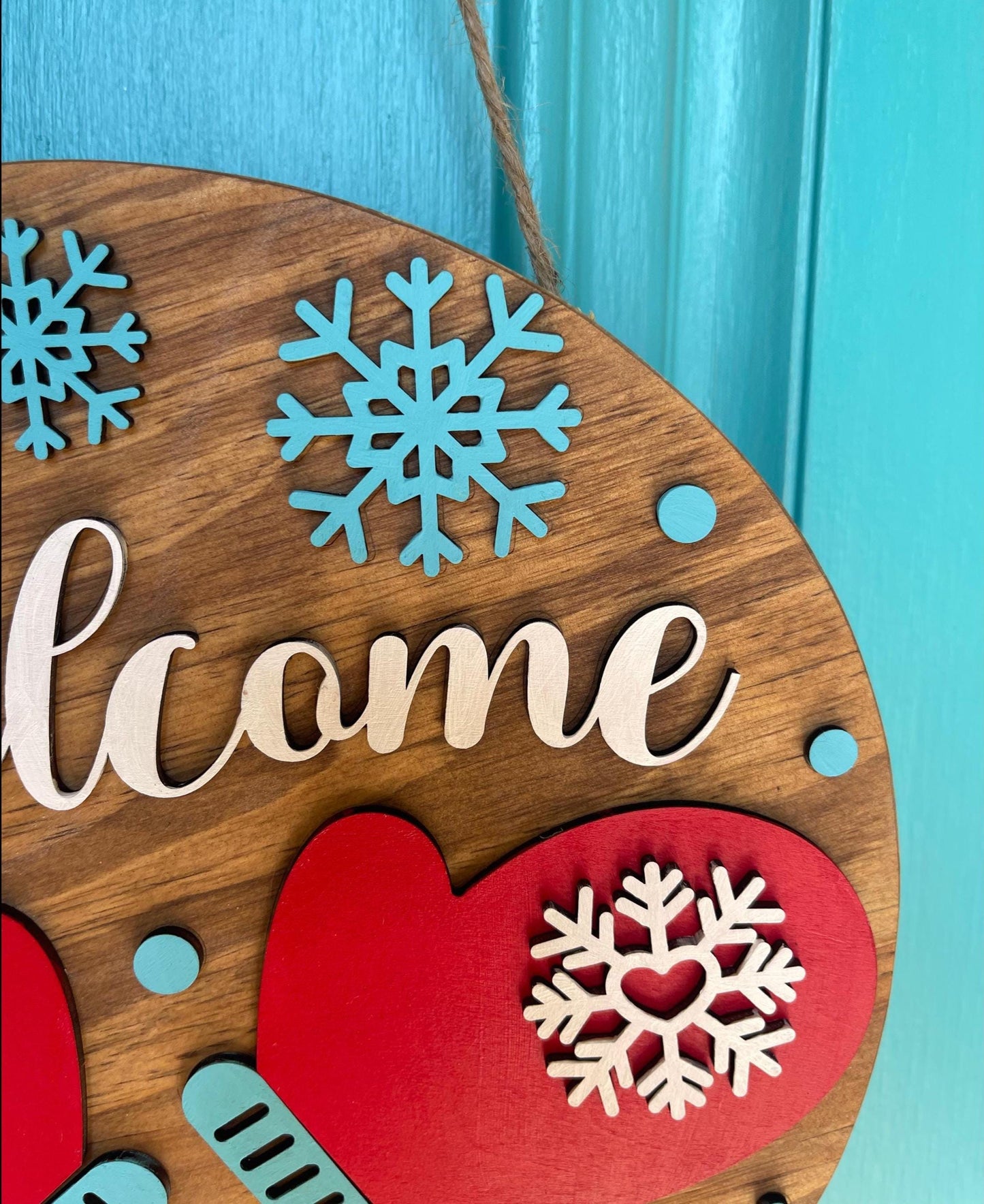 Welcome Mittens Door Hanger | 3D Winter Wood Sign | Layered Handmade Door Décor | Rustic Snowflake Seasonal Home Gift