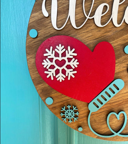 Welcome Mittens Door Hanger | 3D Winter Wood Sign | Layered Handmade Door Décor | Rustic Snowflake Seasonal Home Gift