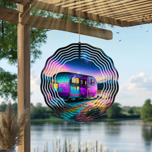 Happy Camper Wind Spinner | Neon RV Metal Garden Art
