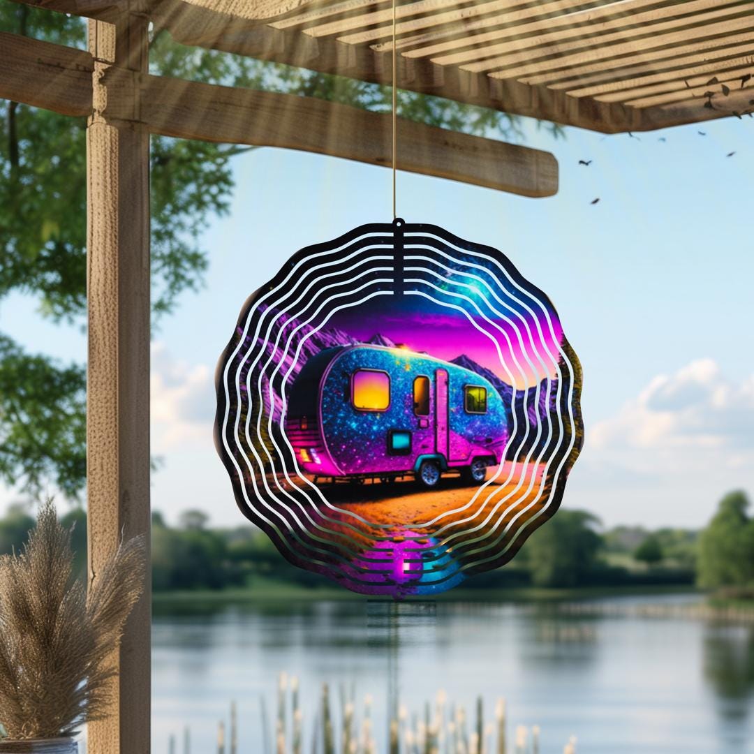 Happy Camper Wind Spinner | Neon RV Metal Garden Art