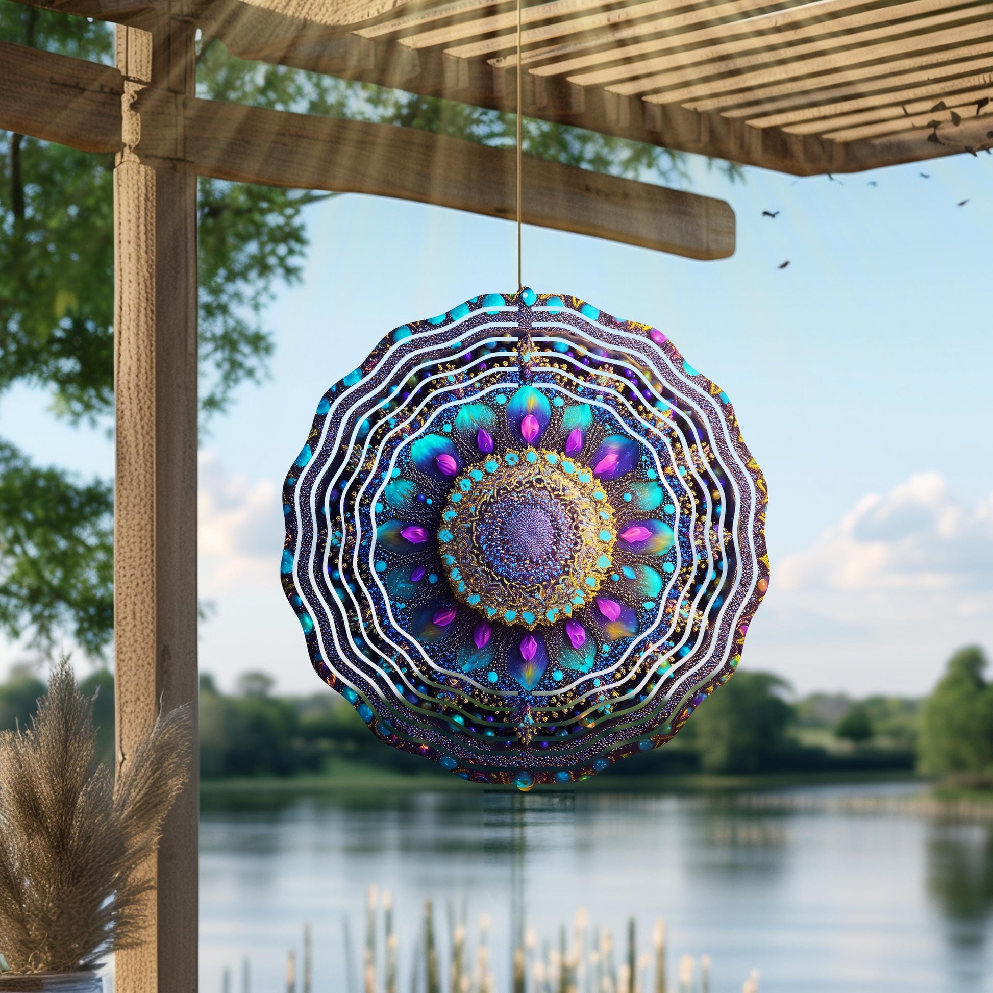 Mandala Wind Spinner | Boho Metal Garden Art, Zen Decor