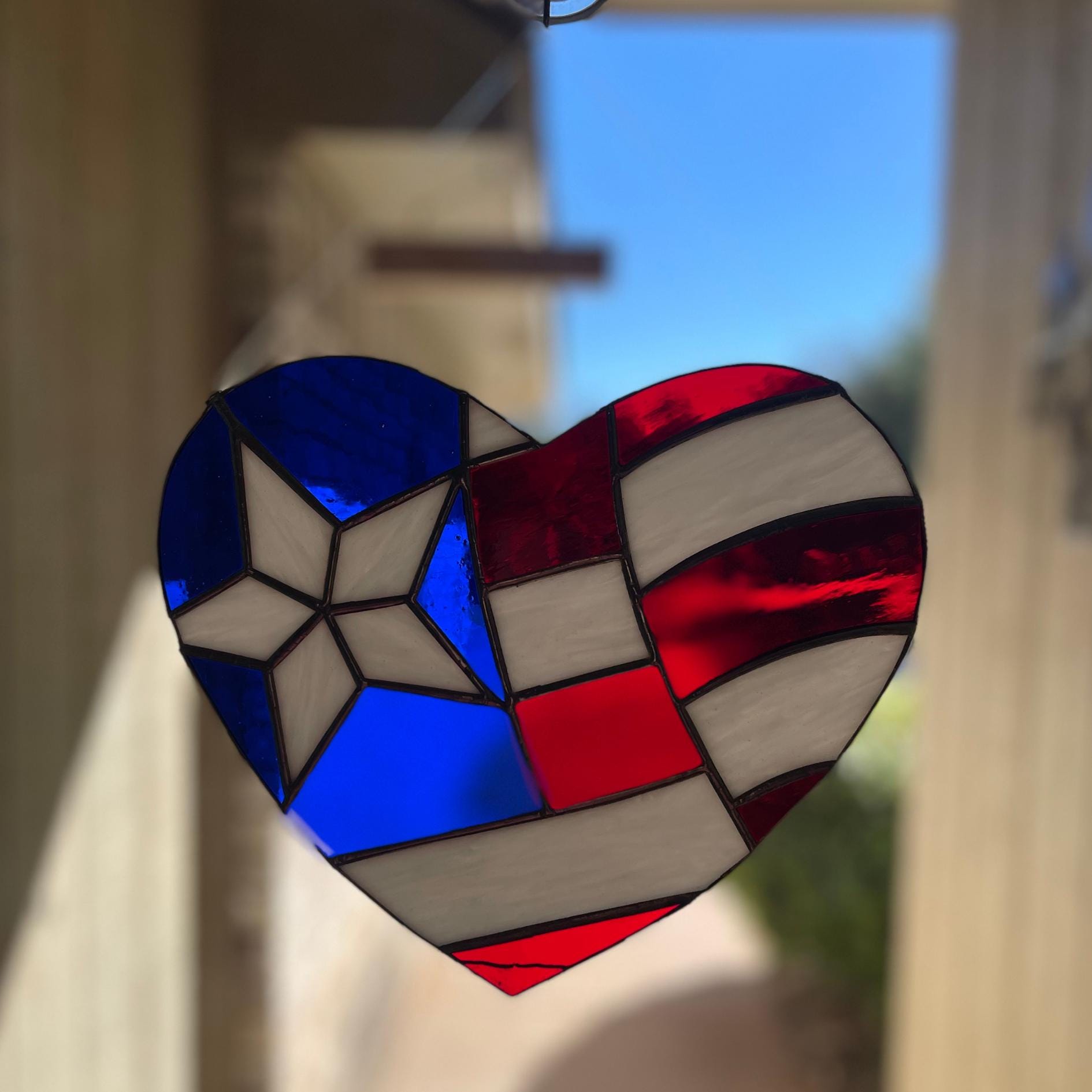 American Flag Heart Suncatcher | Handmade Stained Glass Window Art