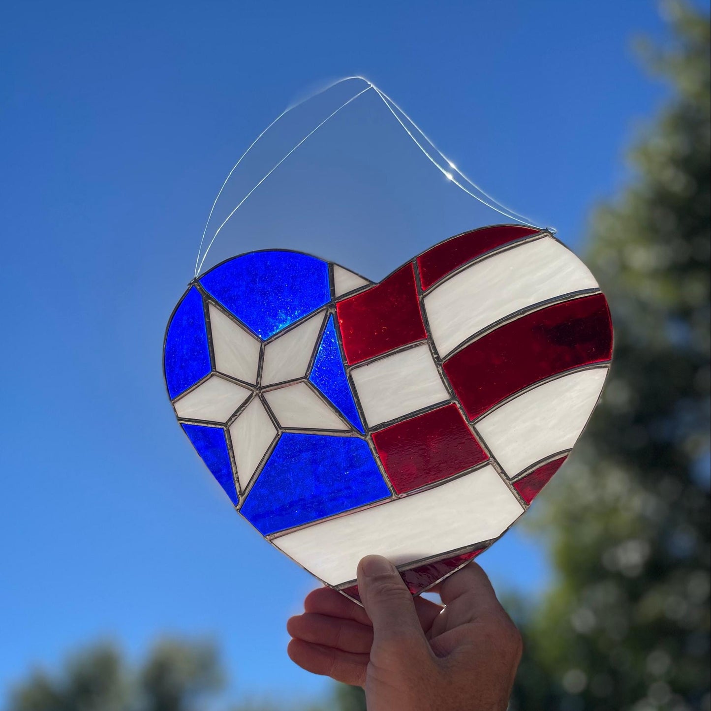 American Flag Heart Suncatcher | Handmade Stained Glass Window Art
