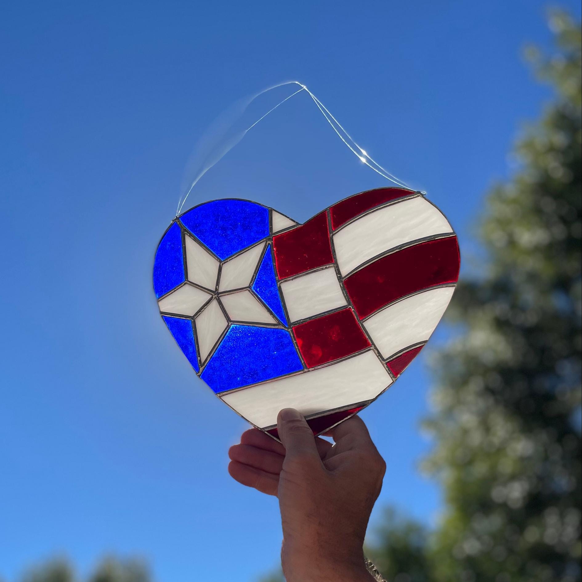 American Flag Heart Suncatcher | Handmade Stained Glass Window Art