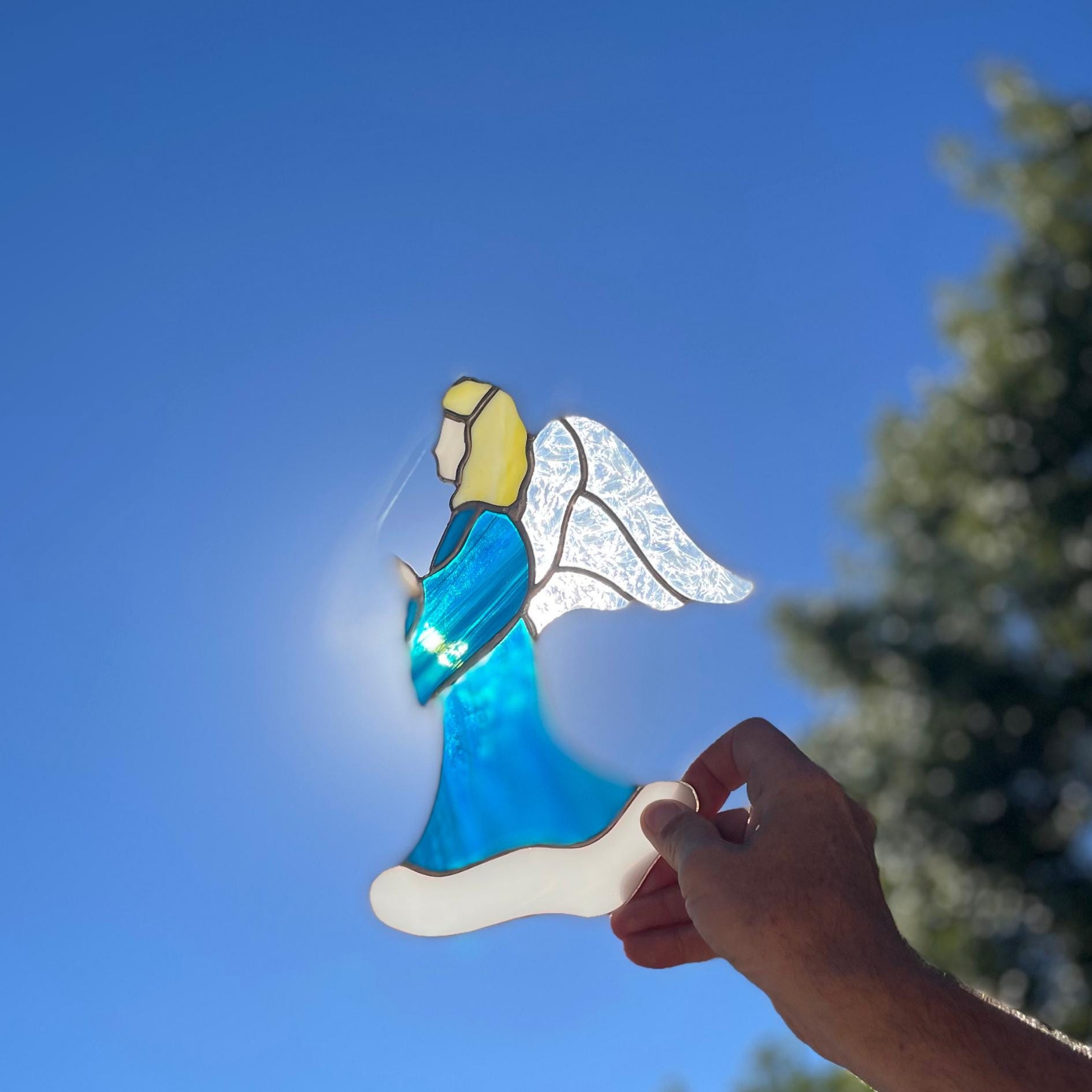 Blue Angel Stained Glass | Handmade Guardian Angel Suncatcher | Spiritual Home Décor | Memorial Gift | Faith Inspired Window Art