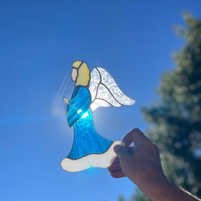 Blue Angel Stained Glass | Handmade Guardian Angel Suncatcher | Spiritual Home Décor | Memorial Gift | Faith Inspired Window Art