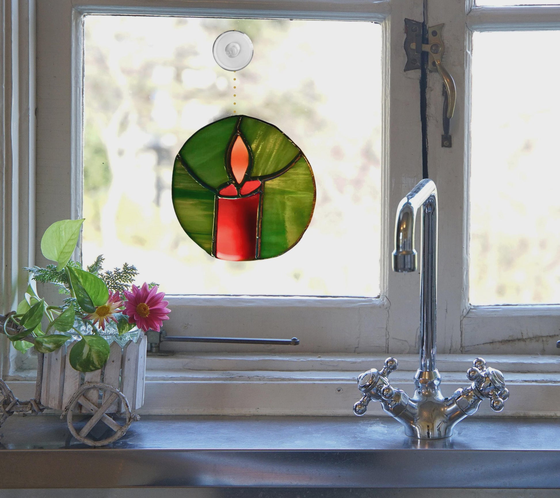 Christmas Candle Stained Glass Ornament | Handmade Holiday Suncatcher | Red Green Window Décor | Festive Gift | Winter Home Art