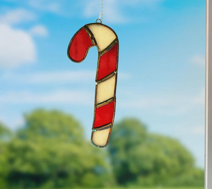 Candy Cane Stained Glass Ornament | Handmade Christmas Suncatcher | Red White Holiday Décor | Festive Gift | Winter Window Art