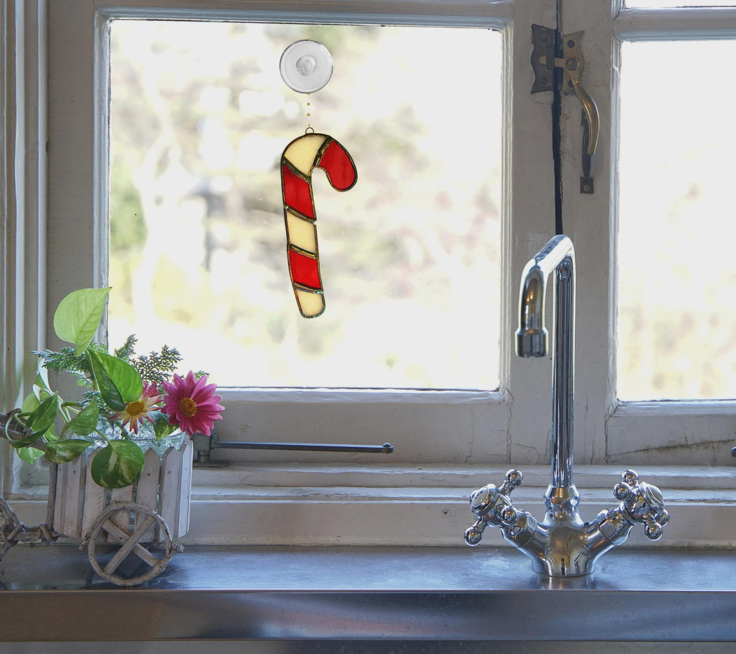 Candy Cane Stained Glass Ornament | Handmade Christmas Suncatcher | Red White Holiday Décor | Festive Gift | Winter Window Art