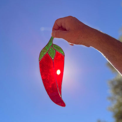 Chili Pepper Stained Glass | Handmade Southwestern Suncatcher | Kitchen Window Décor | Red Green Glass Art | Spicy Gift Idea