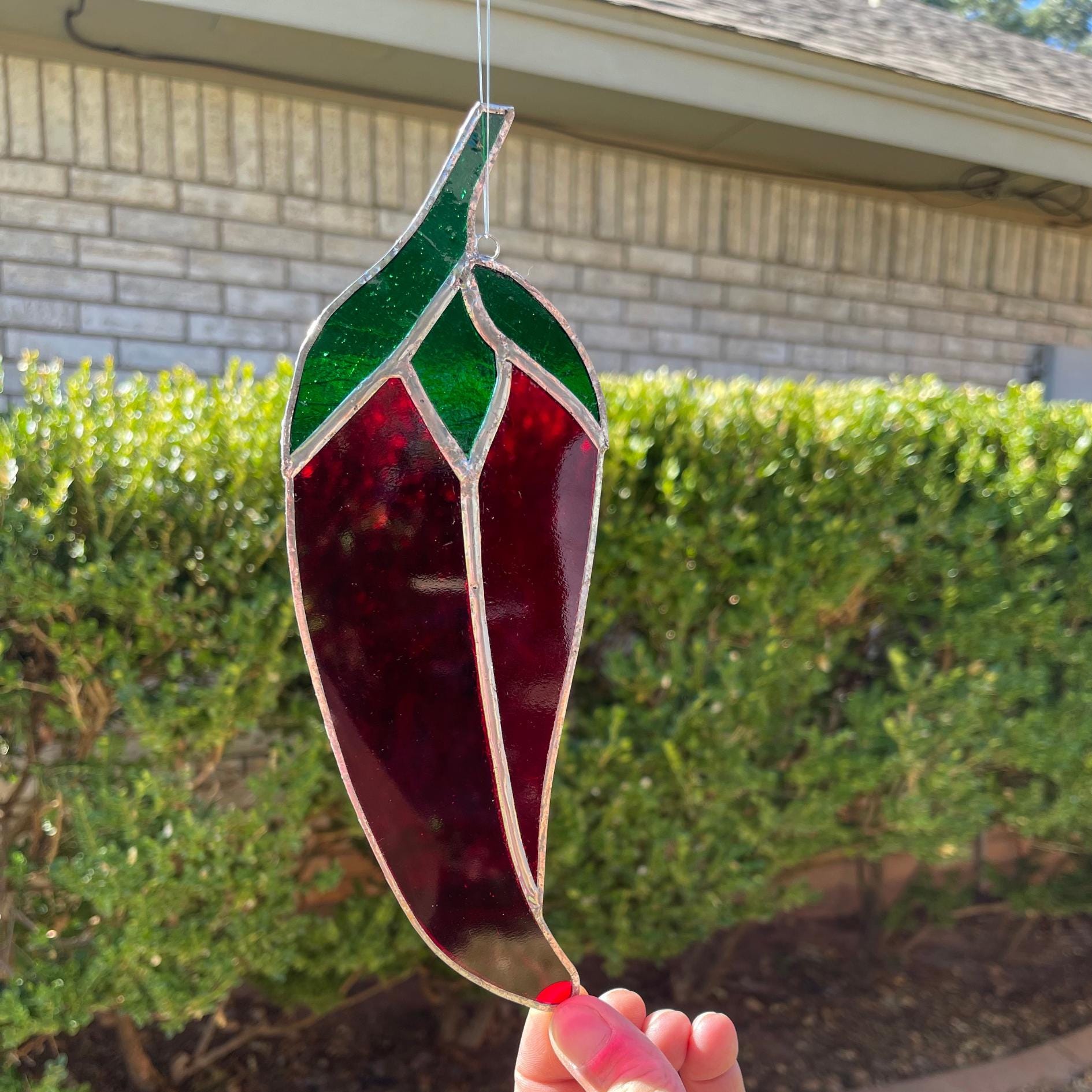 Chili Pepper Stained Glass | Handmade Southwestern Suncatcher | Kitchen Window Décor | Red Green Glass Art | Spicy Gift Idea