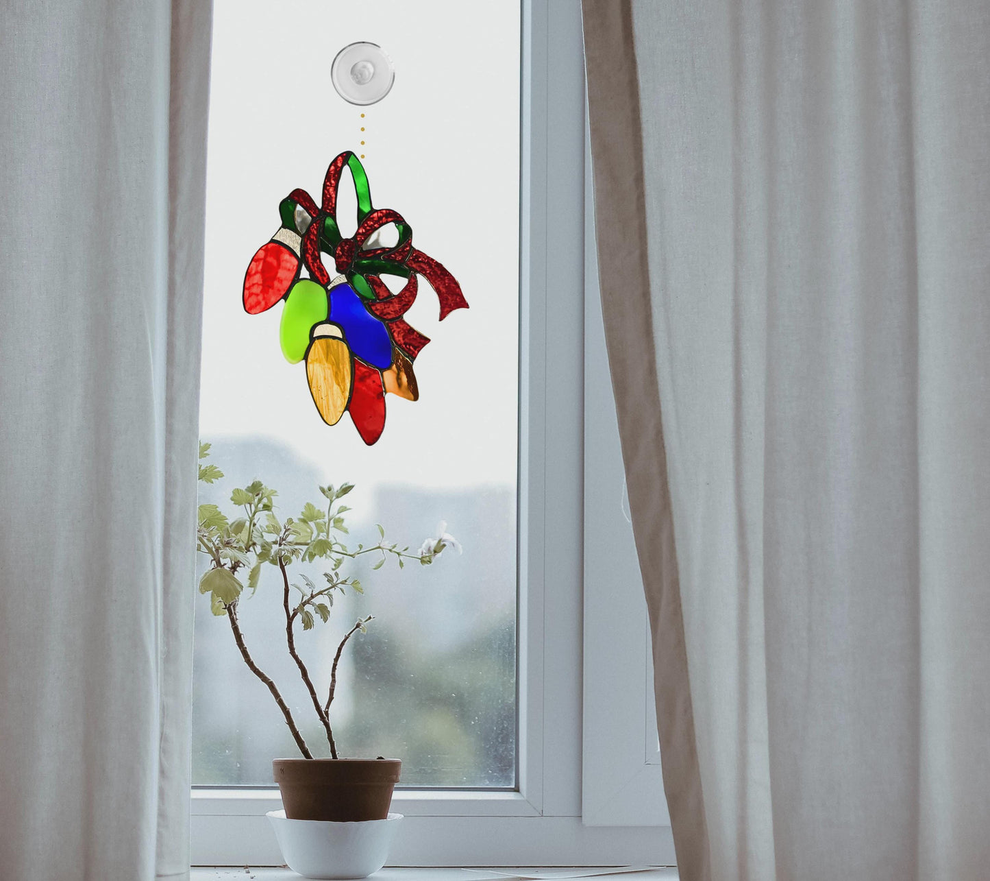 Christmas Lights Stained Glass | Handmade Holiday Suncatcher | Colorful Festive Window Décor | Vintage Light Art | Gift for Home
