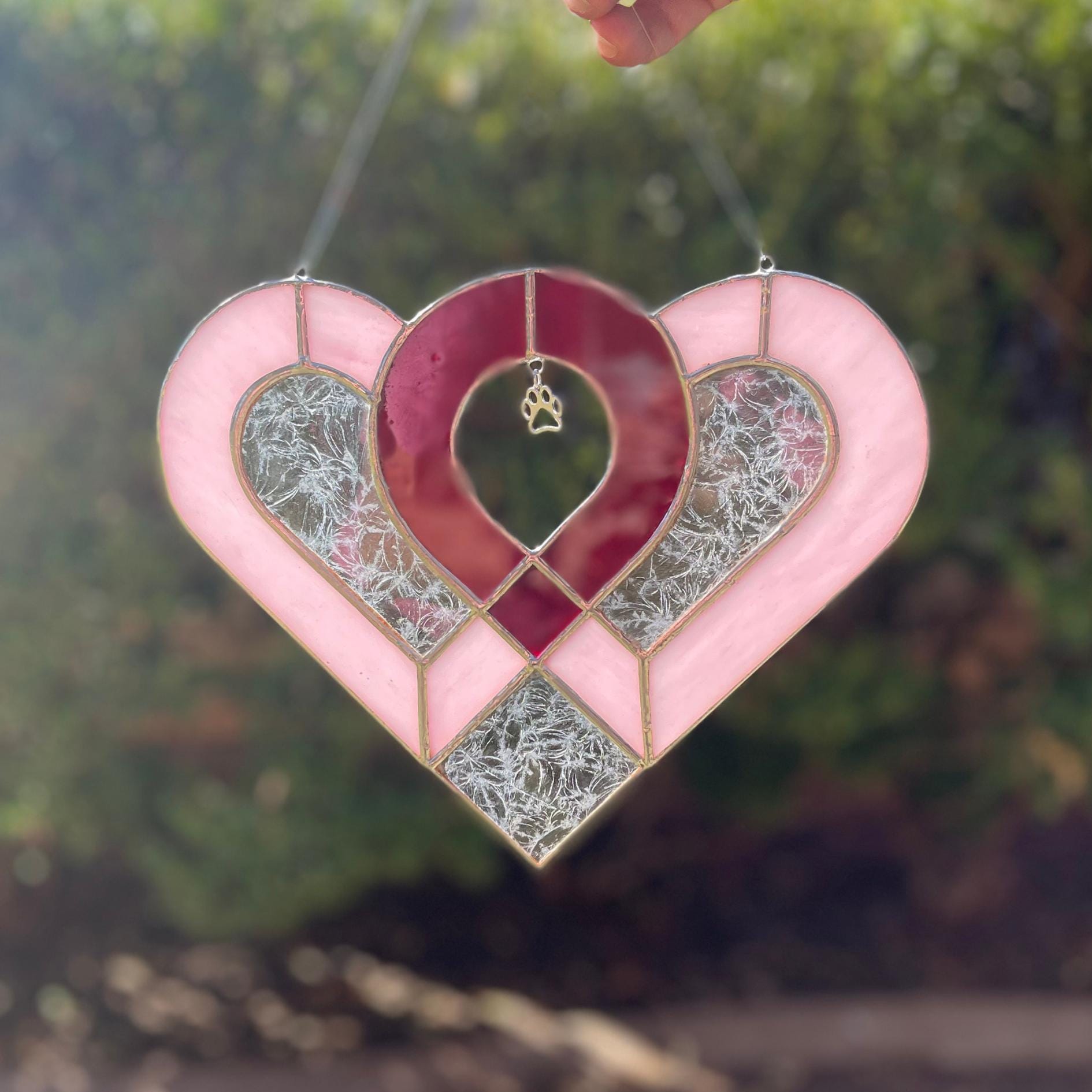 Heart Paw Print Stained Glass | Handmade Pet Memorial Suncatcher | Dog Cat Lover Gift | Paw Charm Window Décor | Pet Loss Gift