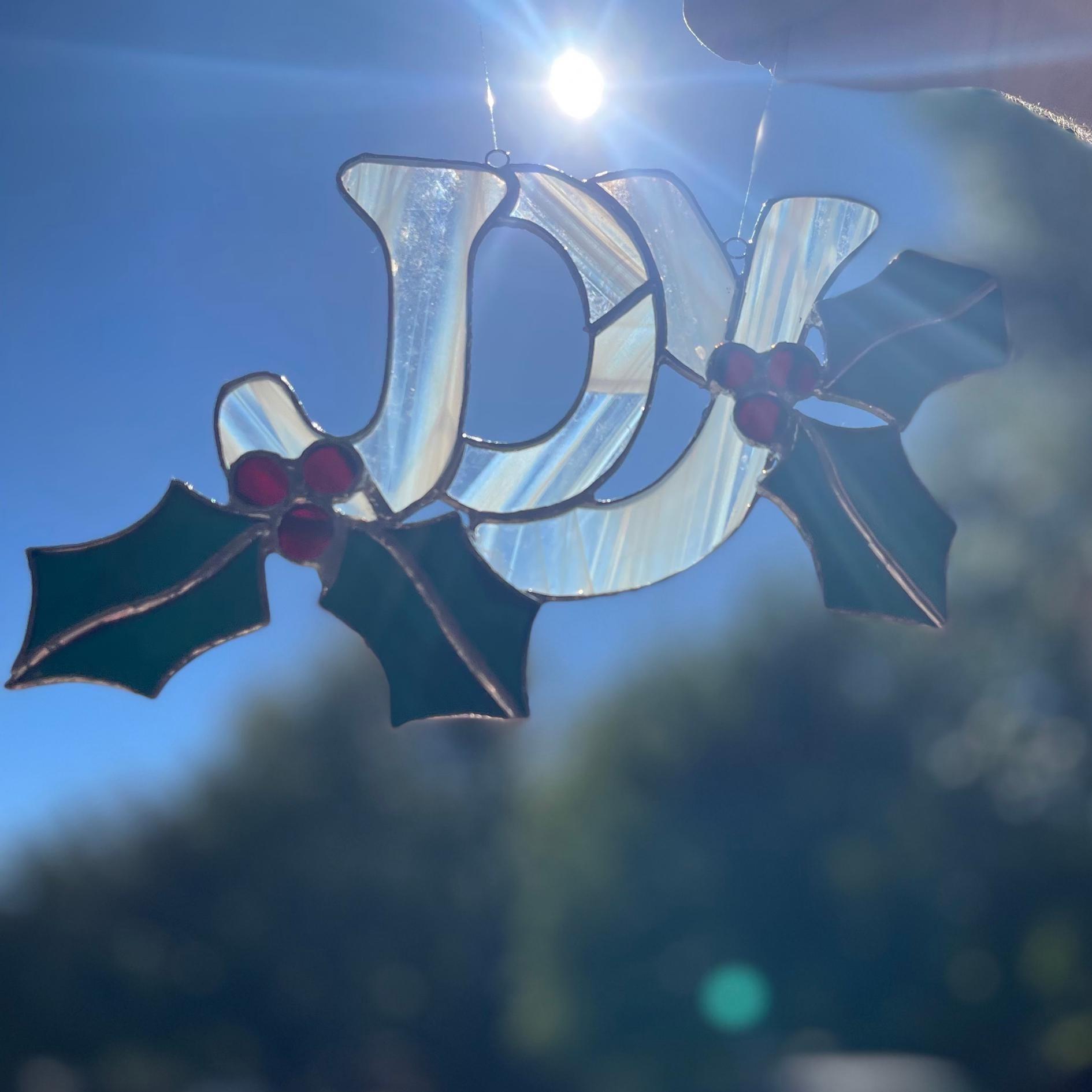 JOY Stained Glass | Handmade Christmas Suncatcher | Holly Leaf Window Décor | Holiday Home Accent | Festive Gift for Christmas