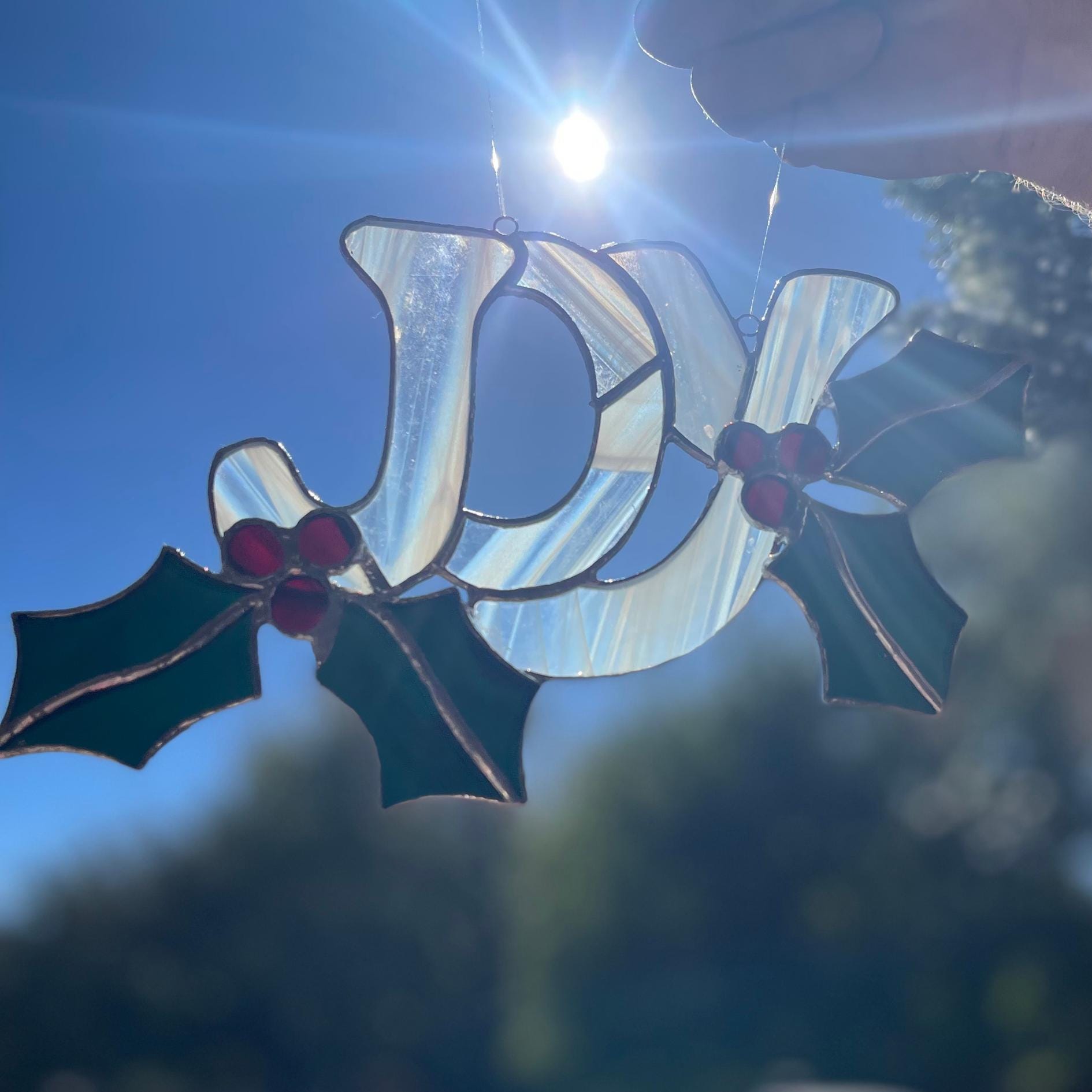 JOY Stained Glass | Handmade Christmas Suncatcher | Holly Leaf Window Décor | Holiday Home Accent | Festive Gift for Christmas